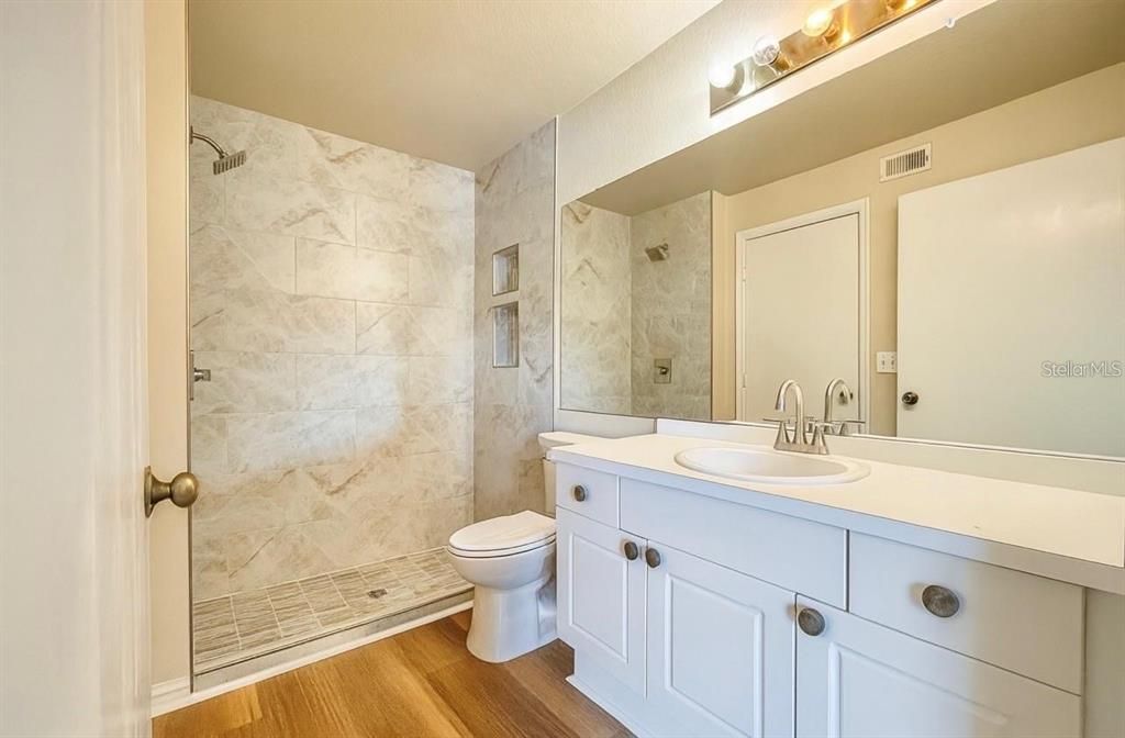 Bathroom, Interior, Marble Walls, Wood Texture Flooring