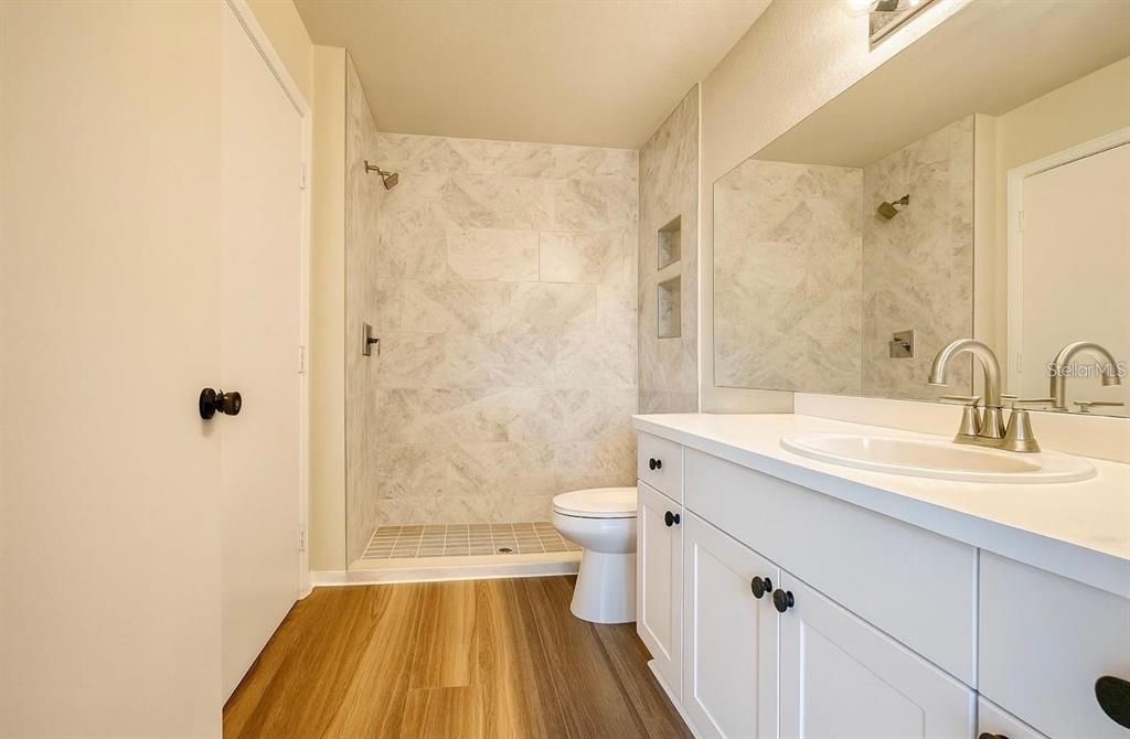 Bathroom, Interior, Marble Walls, Wood Texture Flooring