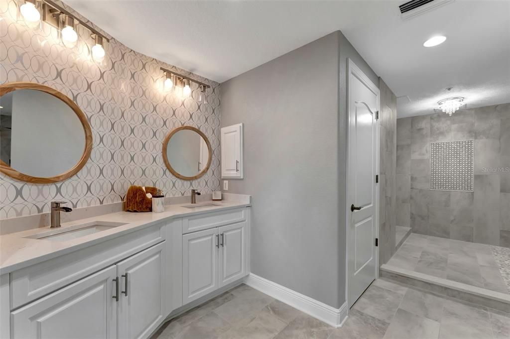 Bathroom, Dual Sink Vanities, Glass Shower, Interior, Recessed Lighting