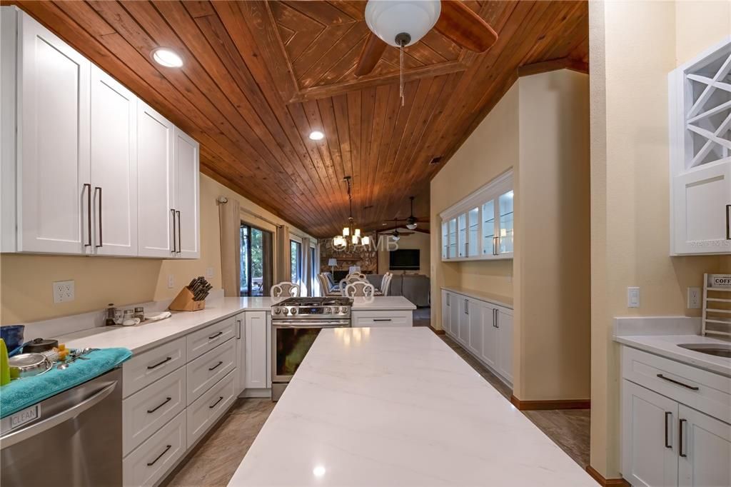 Interior, Kitchen, Pendant Lights, Recessed Lighting, Stainless Steel Appliances, Wooden Ceilings