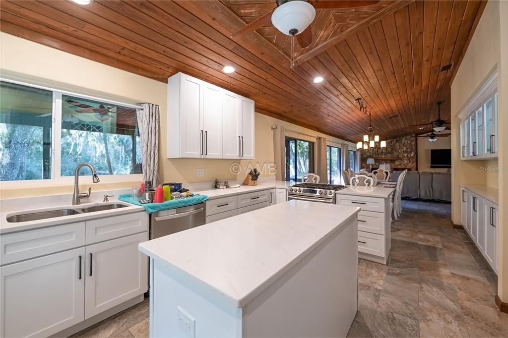 Chandelier, Interior, Kitchen, Recessed Lighting, Stainless Steel Appliances, Wooden Ceilings