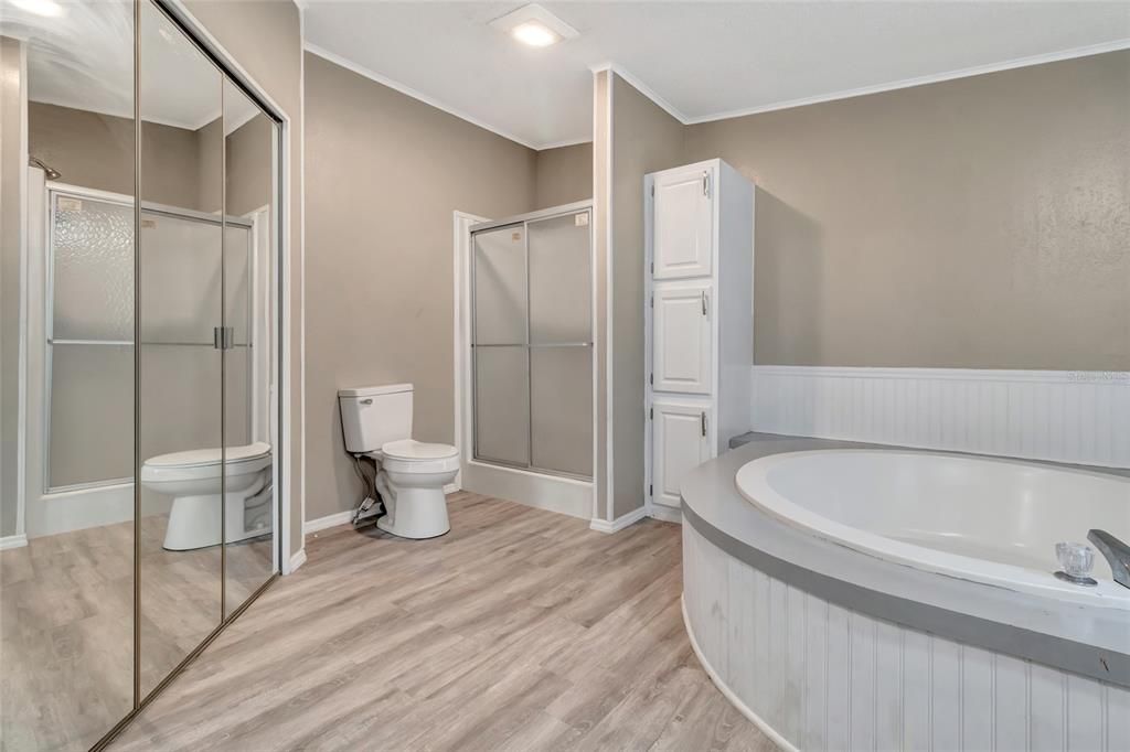 Bathroom, Glass Shower, Interior, Recessed Lighting, Wood Texture Flooring