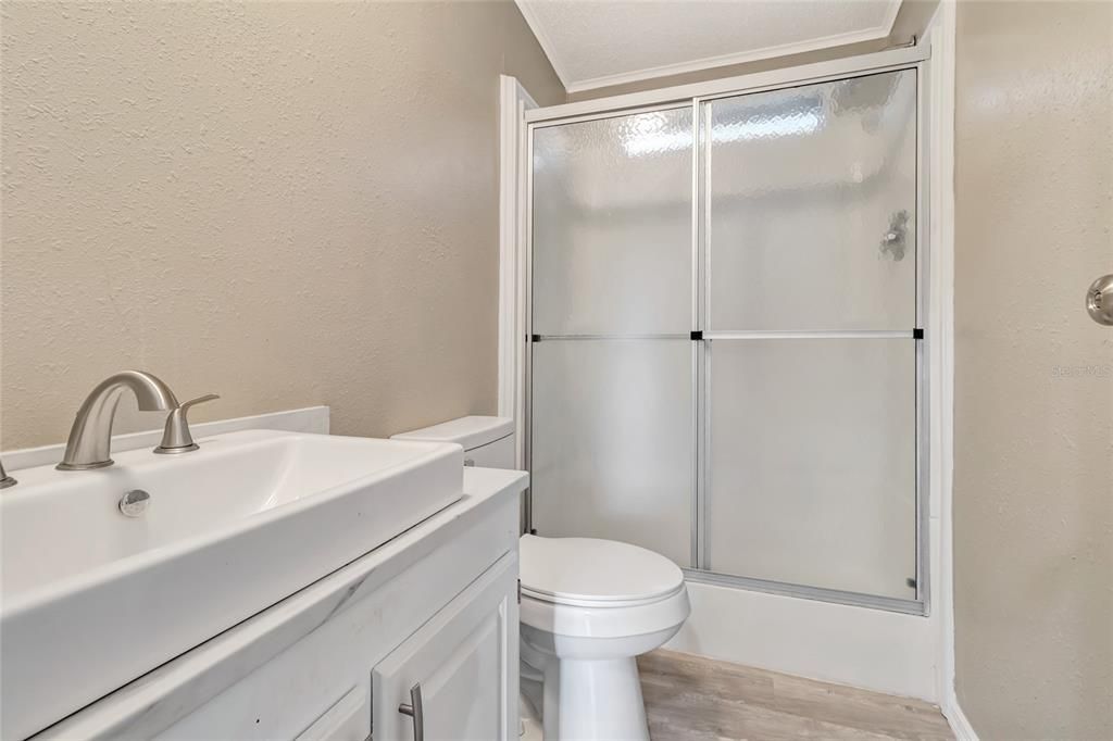 Bathroom, Glass Shower, Interior, Wood Texture Flooring