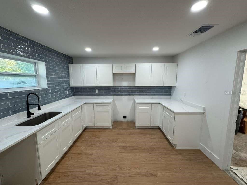 Interior, Kitchen, Recessed Lighting, Stone Walls, Wood Texture Flooring