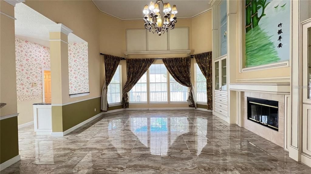 Chandelier, Fireplace, Interior, Marble