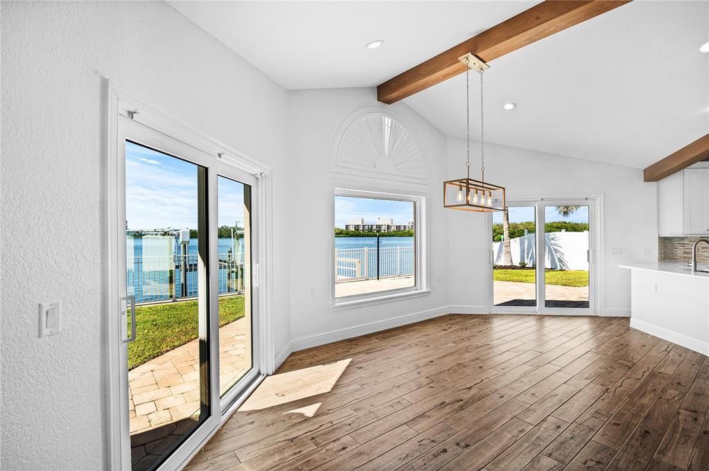 Empty room, Interior, Pendant Lights, Recessed Lighting, Water, Wooden Beams, Wood Texture Flooring