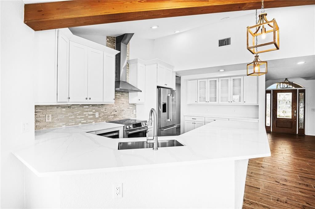 Interior, Kitchen, Pendant Lights, Recessed Lighting, Wooden Beams, Wood Texture Flooring