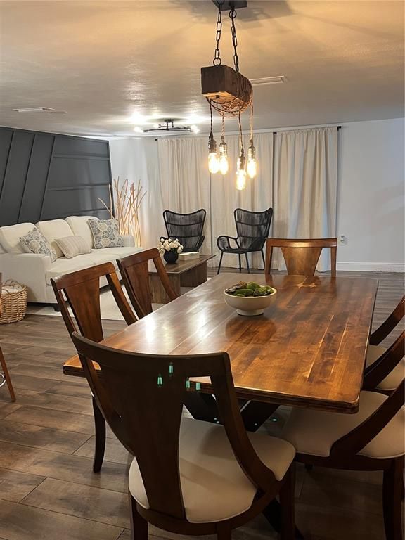 Dining room, Interior, Living room, Pendant Lights, Wood Texture Flooring