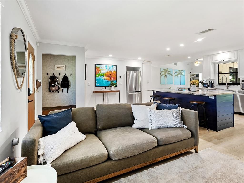 Interior, Kitchen, Living room, Recessed Lighting, Stainless Steel Appliances, Wood Texture Flooring