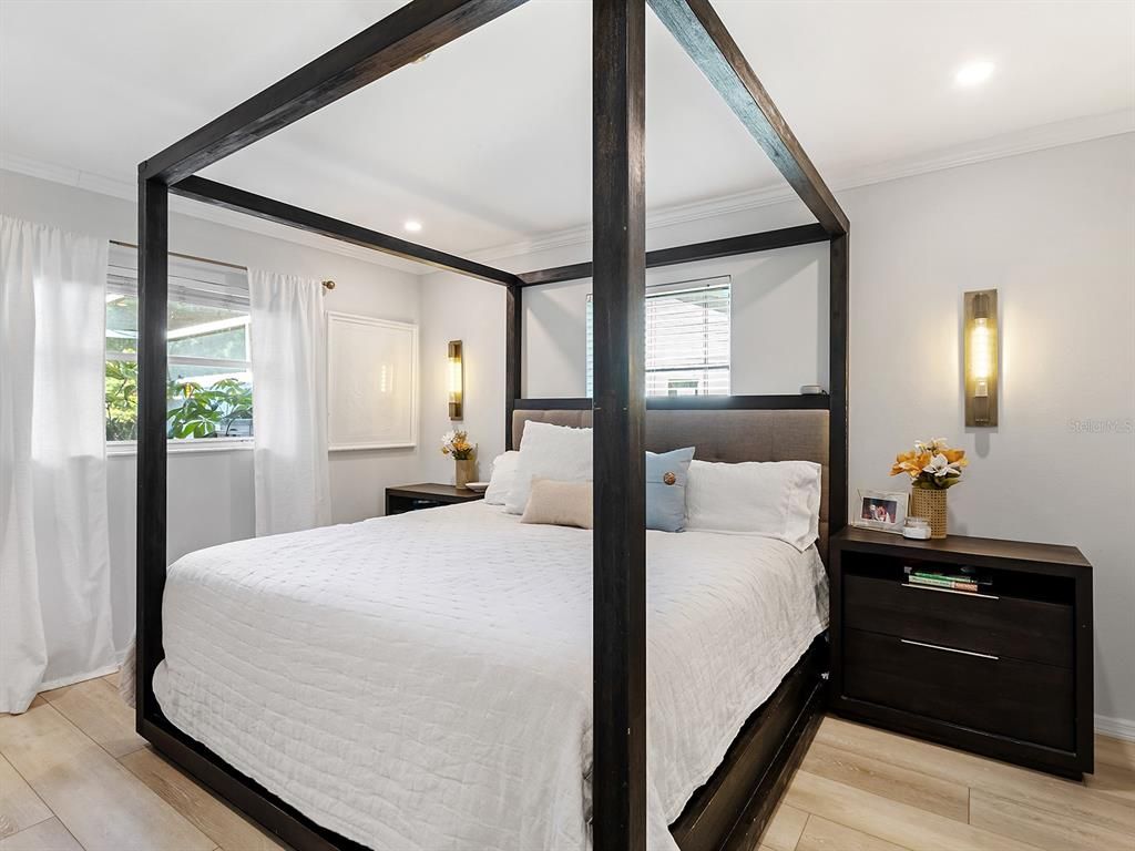 Bedroom, Interior, Recessed Lighting, Wood Texture Flooring