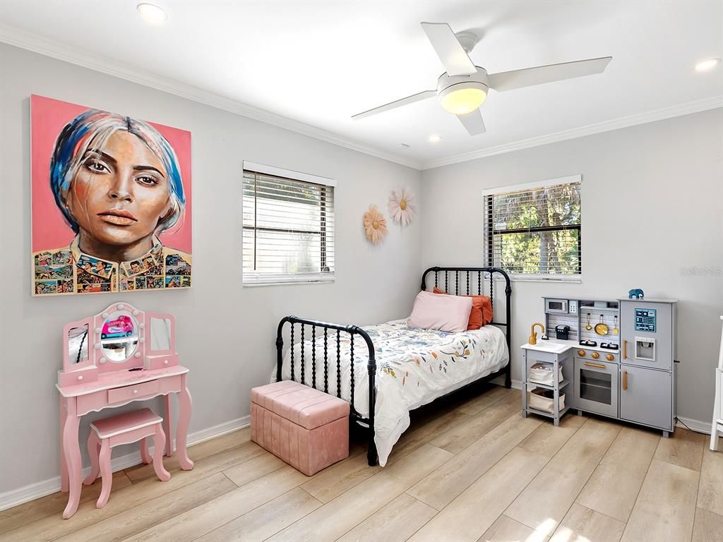 Bedroom, Interior, Recessed Lighting, Wood Texture Flooring