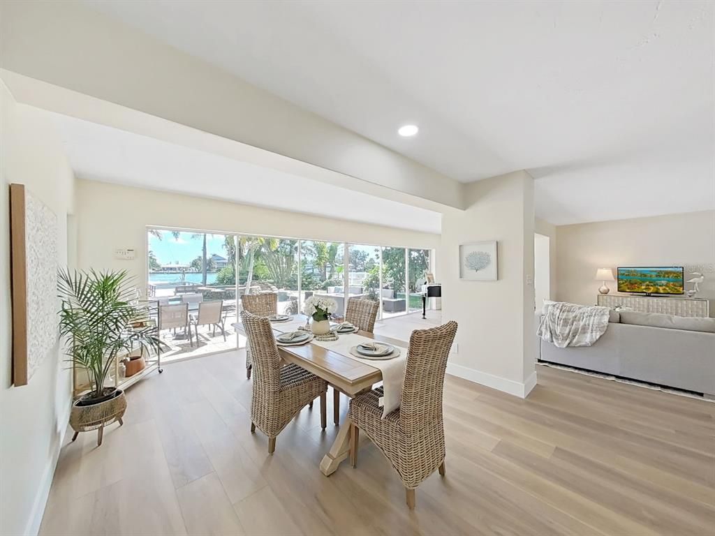 Dining room, Interior, Living room, Recessed Lighting, Water, Wood Texture Flooring