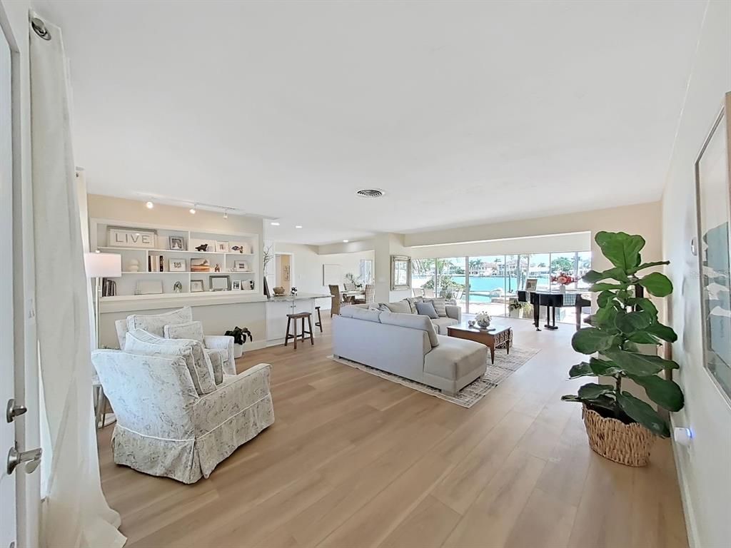 Interior, Living room, Piano, Recessed Lighting, Wood Texture Flooring