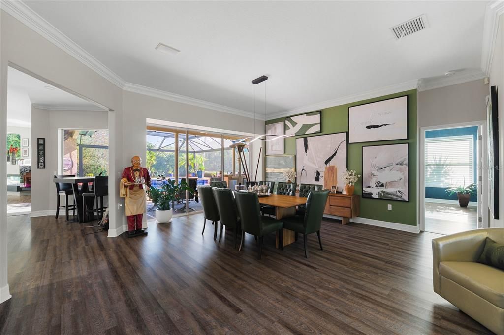 Dining room, Interior, Pendant Lights, Sun Room, Wood Texture Flooring