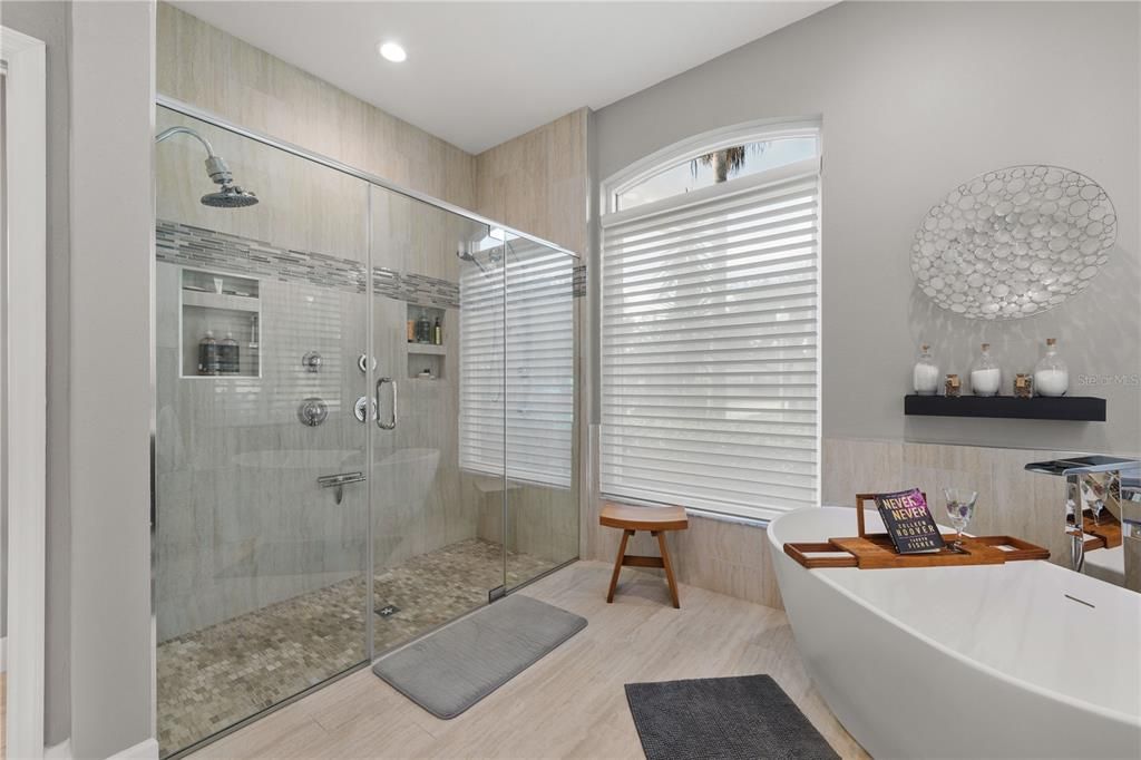 Bathroom, Free Standing Baths, Glass Shower, Interior, Recessed Lighting, Wood Texture Flooring