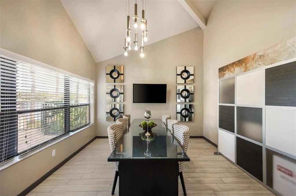 Dining room, Interior, Pendant Lights, Wood Texture Flooring