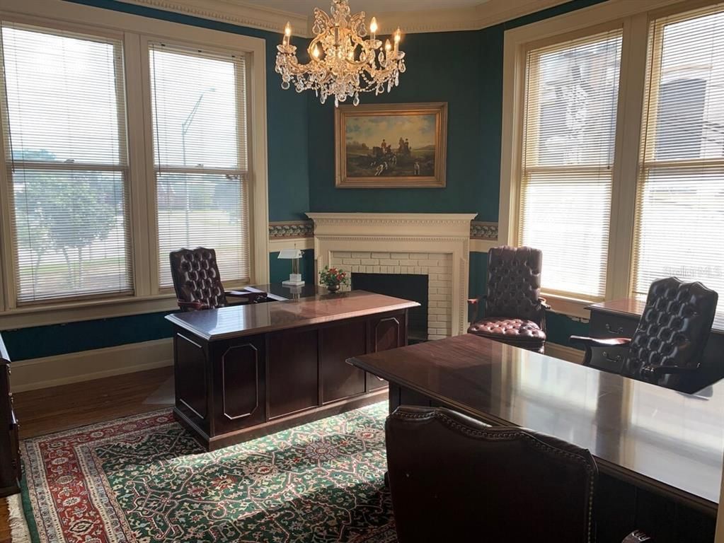 Chandelier, Fireplace, Home Office, Interior, Wood Texture Flooring