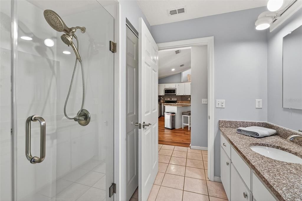 Bathroom, Glass Shower, Interior, Recessed Lighting, Wood Texture Flooring