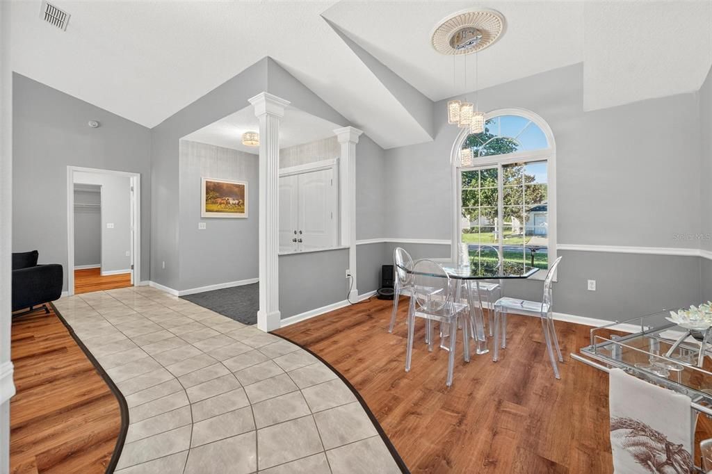 Dining room, Interior, Pendant Lights, Wood Texture Flooring