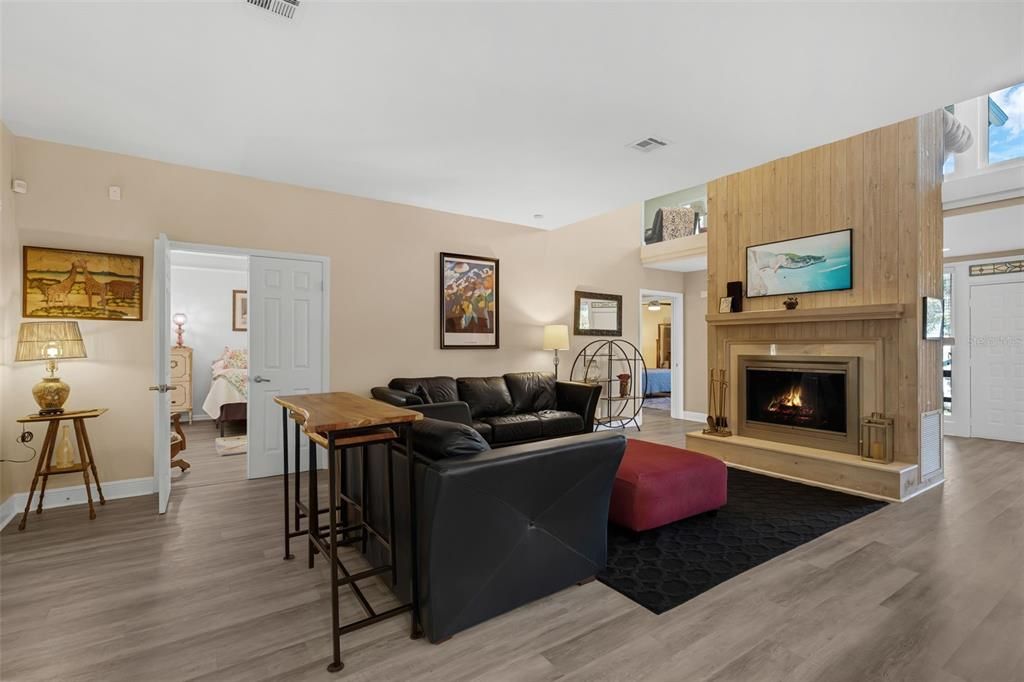 Fireplace, Interior, Living room, Wood Texture Flooring, Wooden Walls