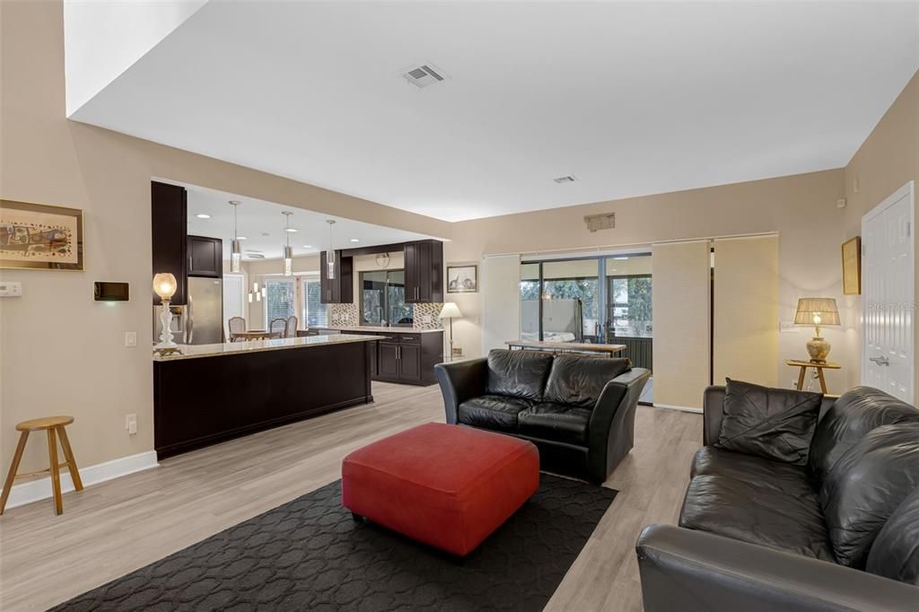 Interior, Kitchen, Living room, Pendant Lights, Stainless Steel Appliances, Wood Texture Flooring