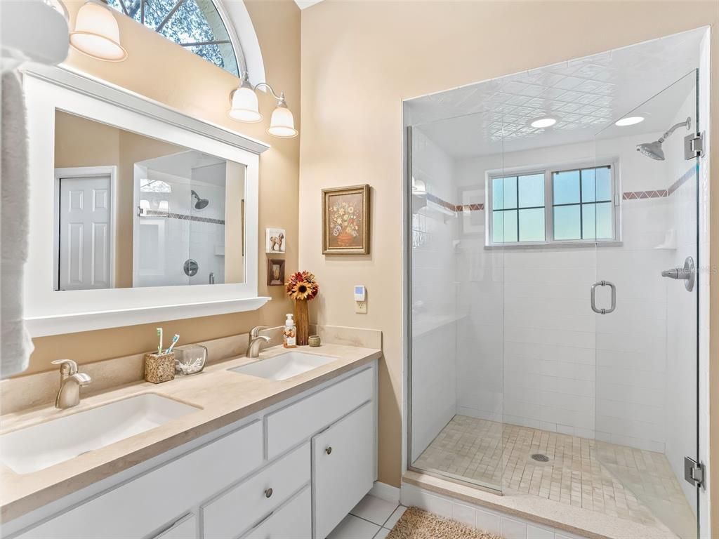 Bathroom, Dual Sink Vanities, Glass Shower, Interior, Recessed Lighting