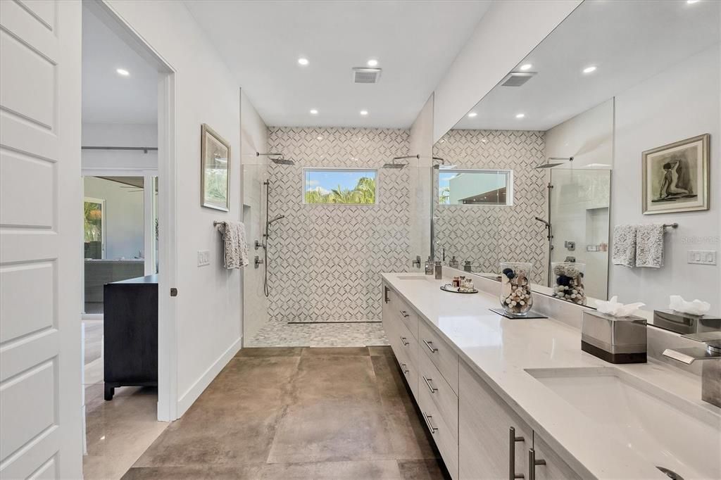 Bathroom, Dual Sink Vanities, Glass Shower, Interior, Recessed Lighting