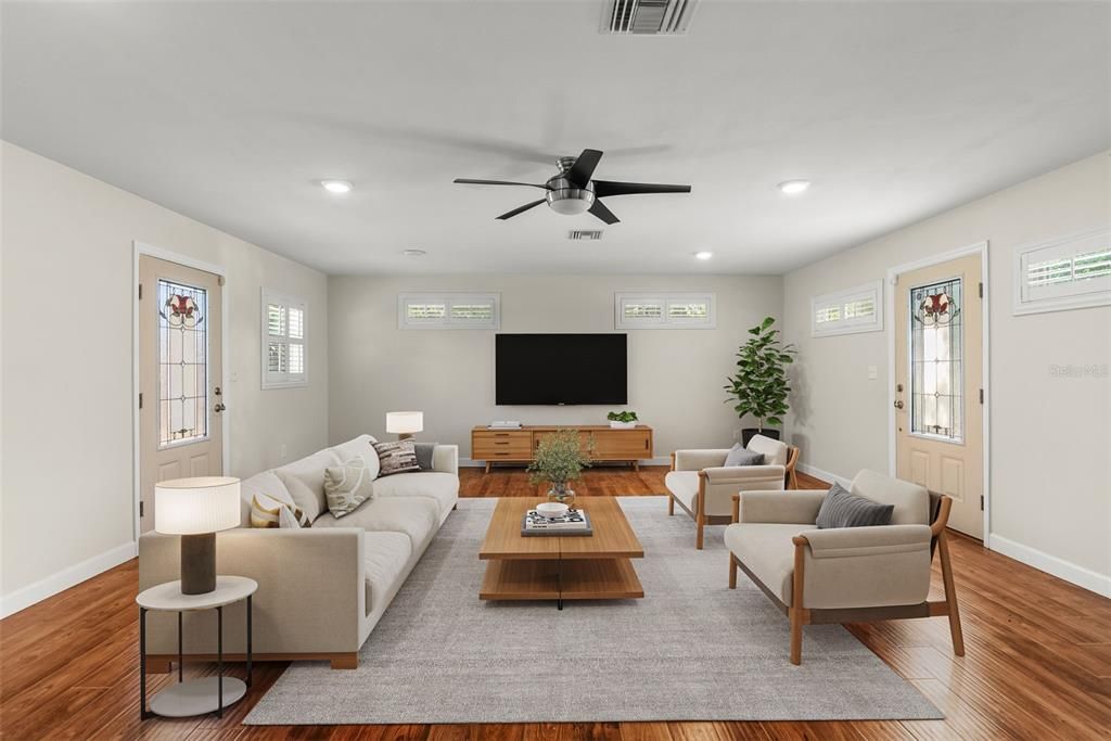 Interior, Living room, Recessed Lighting, Wood Texture Flooring