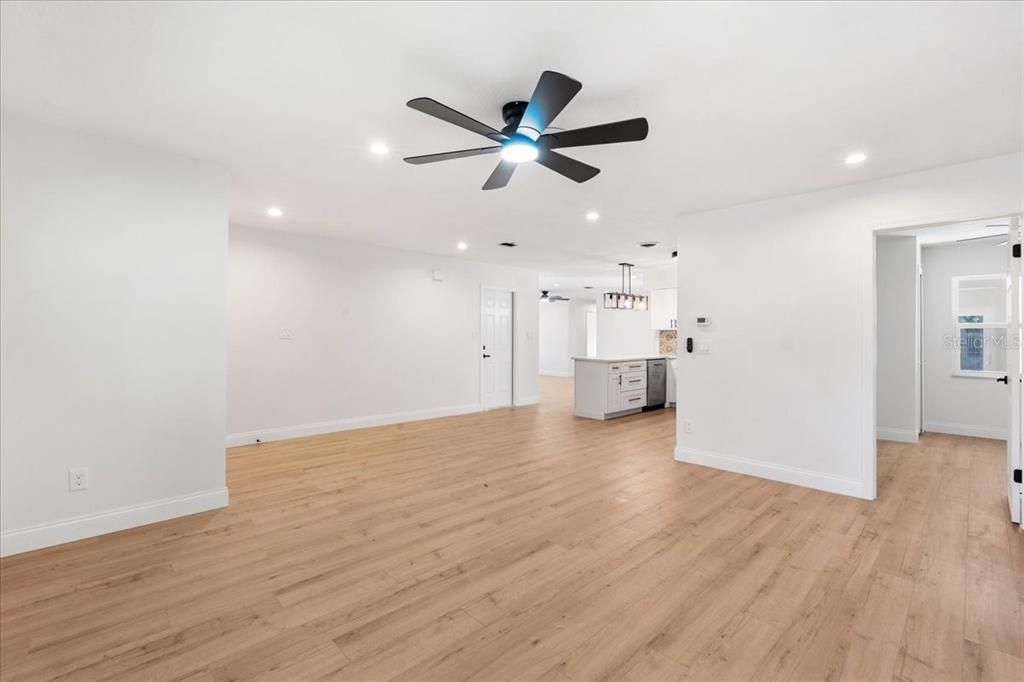 Empty room, Interior, Kitchen, Pendant Lights, Recessed Lighting, Wood Texture Flooring
