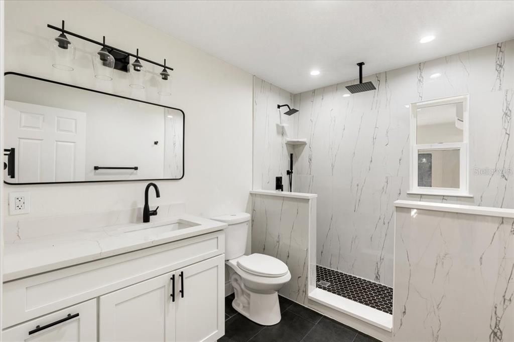 Bathroom, Interior, Marble Walls, Recessed Lighting