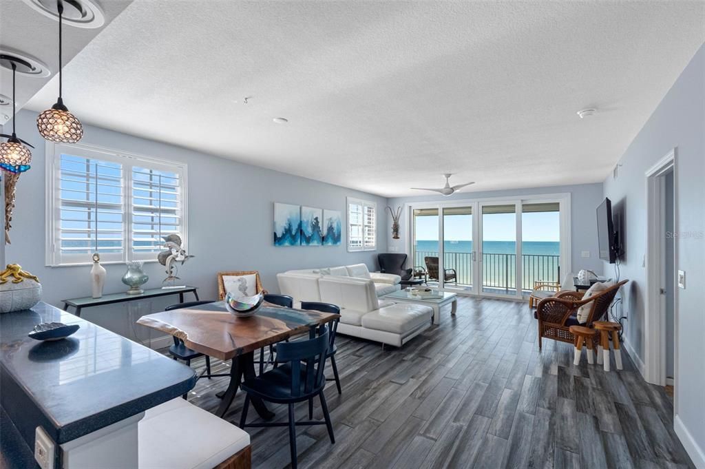 Dining room, Interior, Living room, Pendant Lights, Water, Wood Texture Flooring