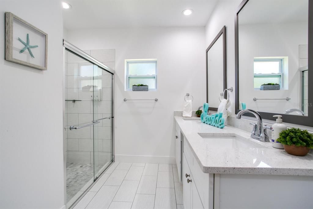 Bathroom, Dual Sink Vanities, Glass Shower, Interior, Recessed Lighting