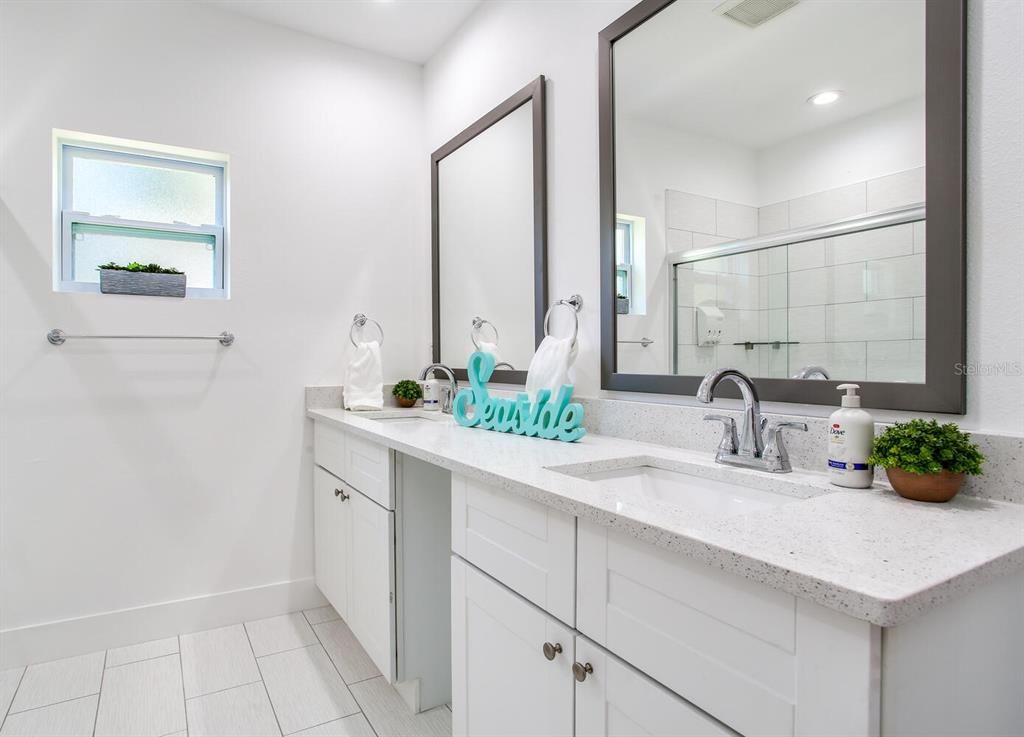 Bathroom, Dual Sink Vanities, Glass Shower, Interior, Recessed Lighting