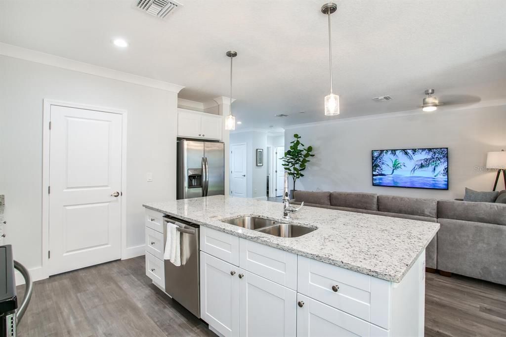 Interior, Kitchen, Living room, Pendant Lights, Recessed Lighting, Stainless Steel Appliances, Wood Texture Flooring