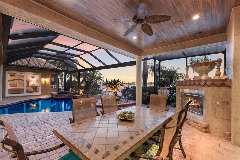 Dining room, Fireplace, Glass Ceilings, Interior, Pool, Recessed Lighting, Sun Room, Wooden Ceilings