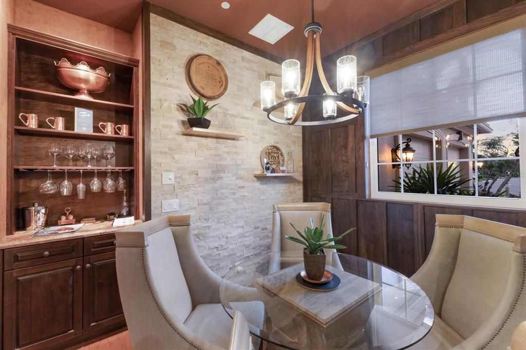 Dining room, Interior, Pendant Lights, Recessed Lighting, Stone Walls, Wood Texture Flooring