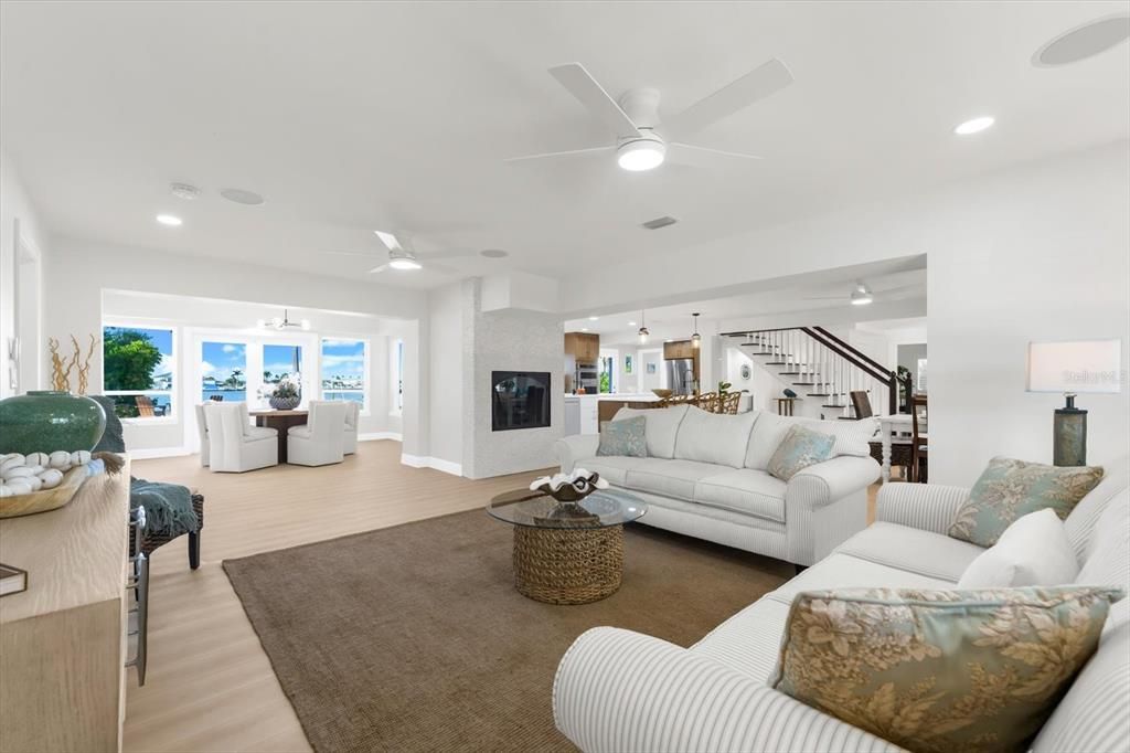 Dining room, Fireplace, Interior, Kitchen, Living room, Pendant Lights, Recessed Lighting, Wood Texture Flooring