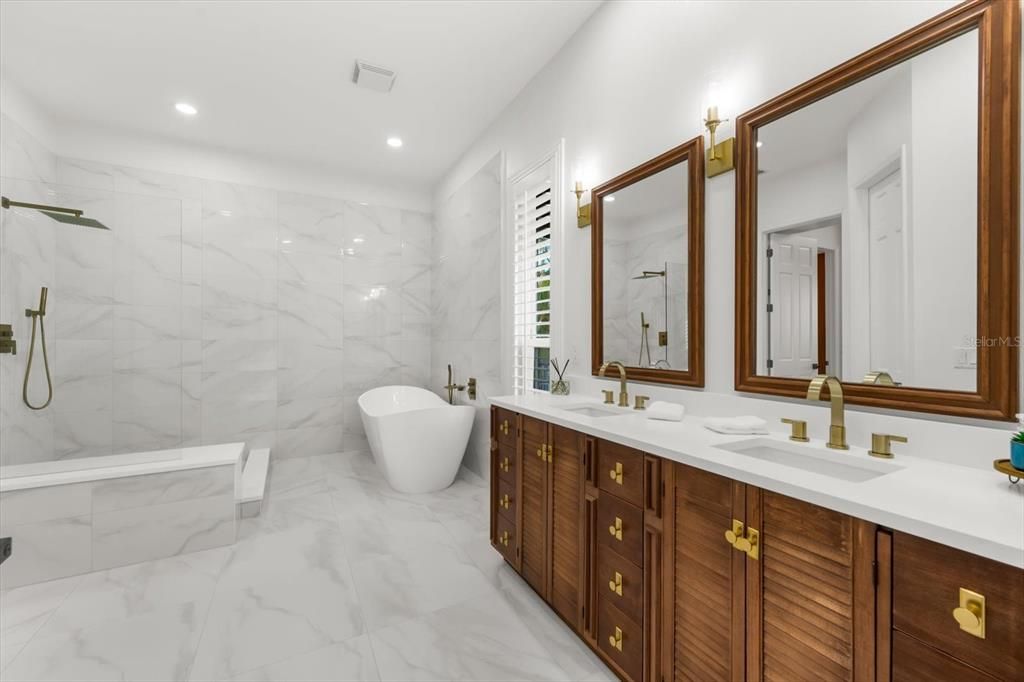 Bathroom, Dual Sink Vanities, Free Standing Baths, Interior, Marble, Marble Walls, Recessed Lighting