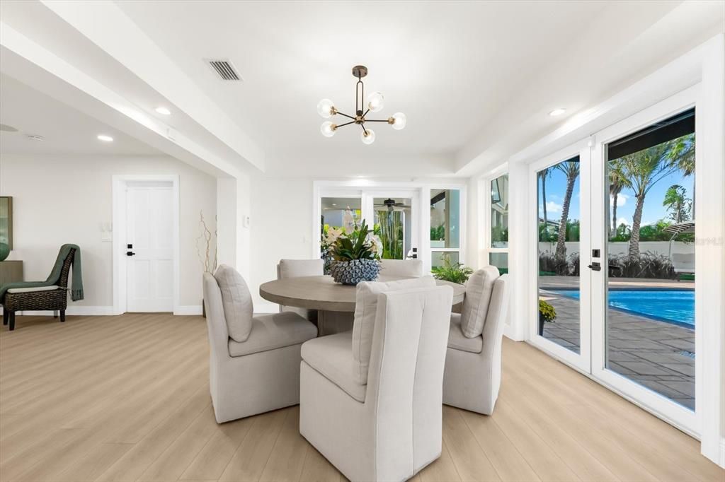 Dining room, Interior, Pendant Lights, Recessed Lighting, Wood Texture Flooring