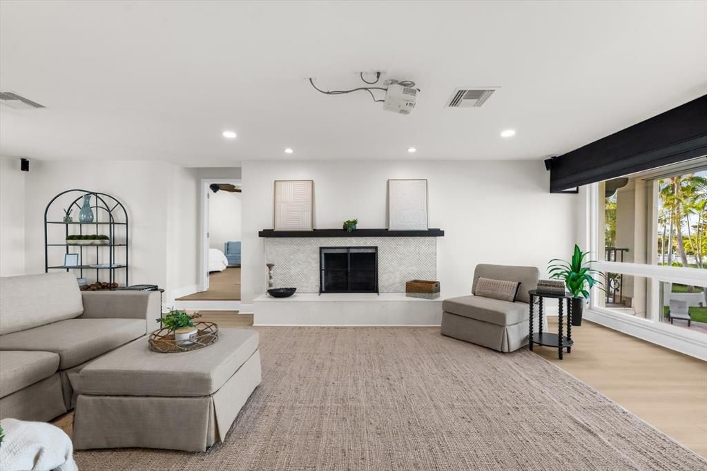 Fireplace, Interior, Living room, Recessed Lighting, Wood Texture Flooring