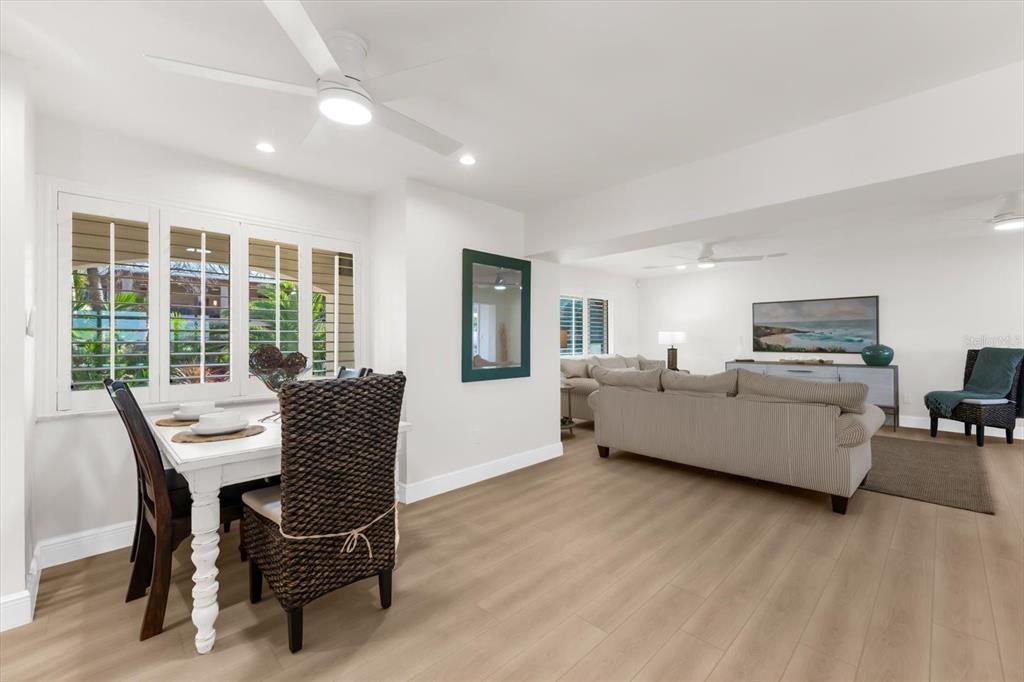 Dining room, Interior, Living room, Recessed Lighting, Wood Texture Flooring