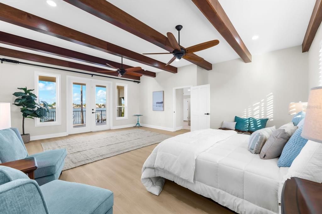 Bedroom, Interior, Recessed Lighting, Water, Wooden Beams, Wood Texture Flooring