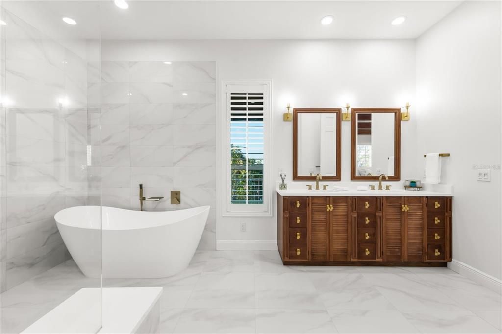 Bathroom, Dual Sink Vanities, Free Standing Baths, Interior, Marble, Marble Walls, Recessed Lighting
