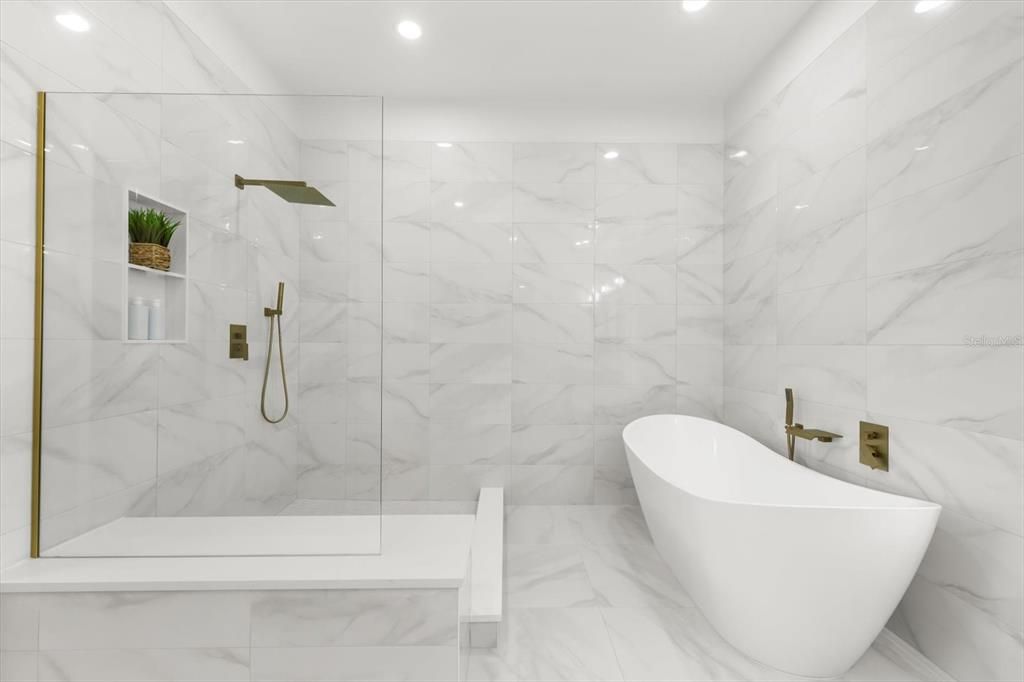 Bathroom, Free Standing Baths, Glass Shower, Interior, Marble, Marble Walls, Recessed Lighting