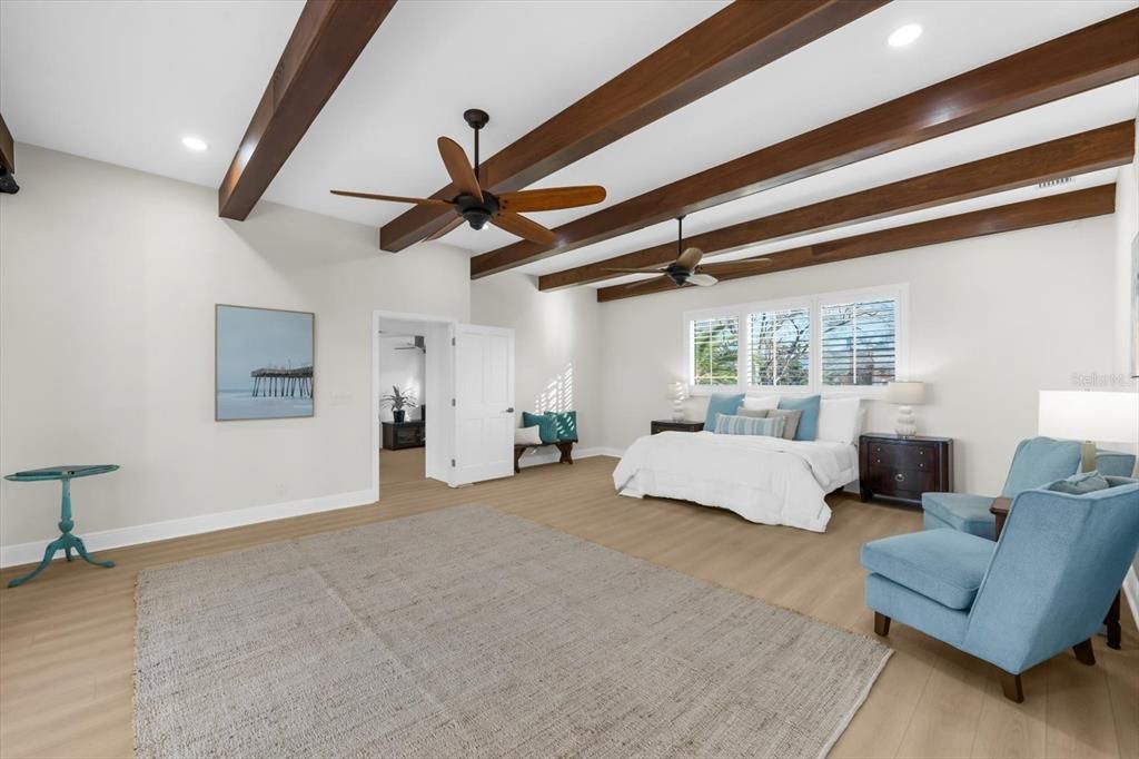 Bedroom, Interior, Recessed Lighting, Wooden Beams, Wood Texture Flooring