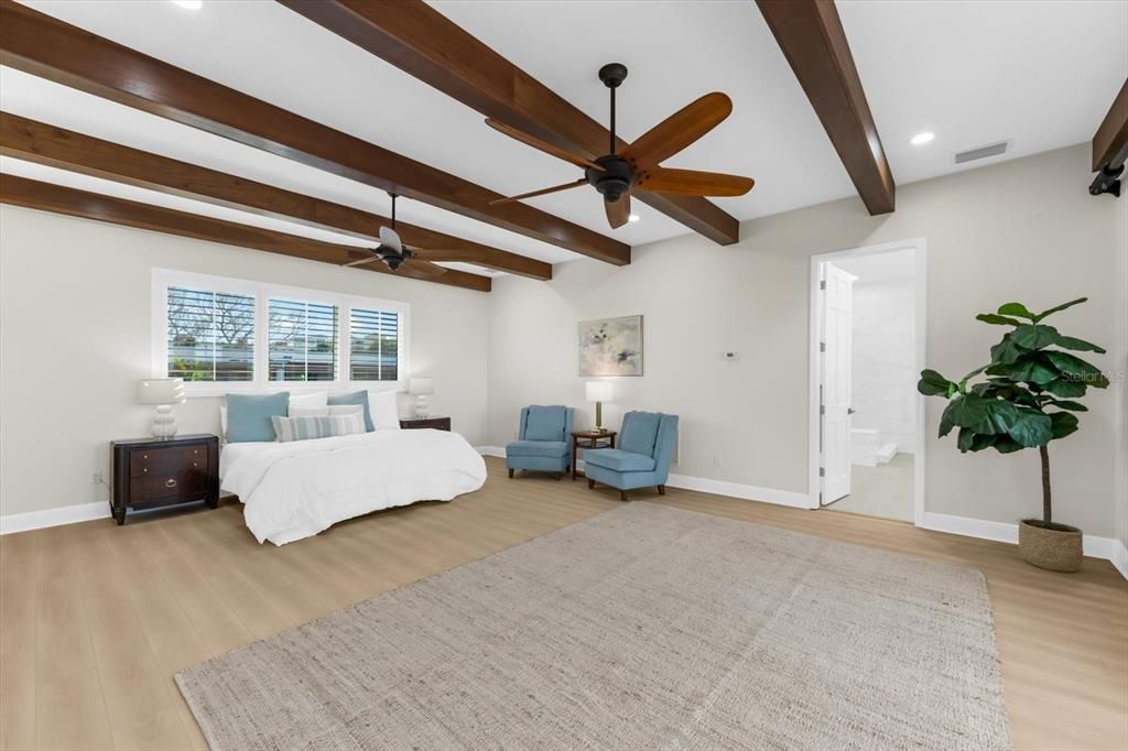 Bedroom, Interior, Recessed Lighting, Wooden Beams, Wood Texture Flooring