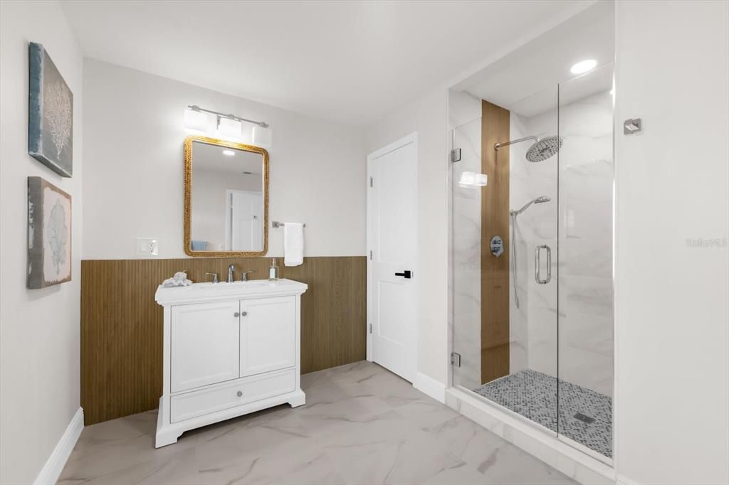 Bathroom, Glass Shower, Interior, Marble, Recessed Lighting
