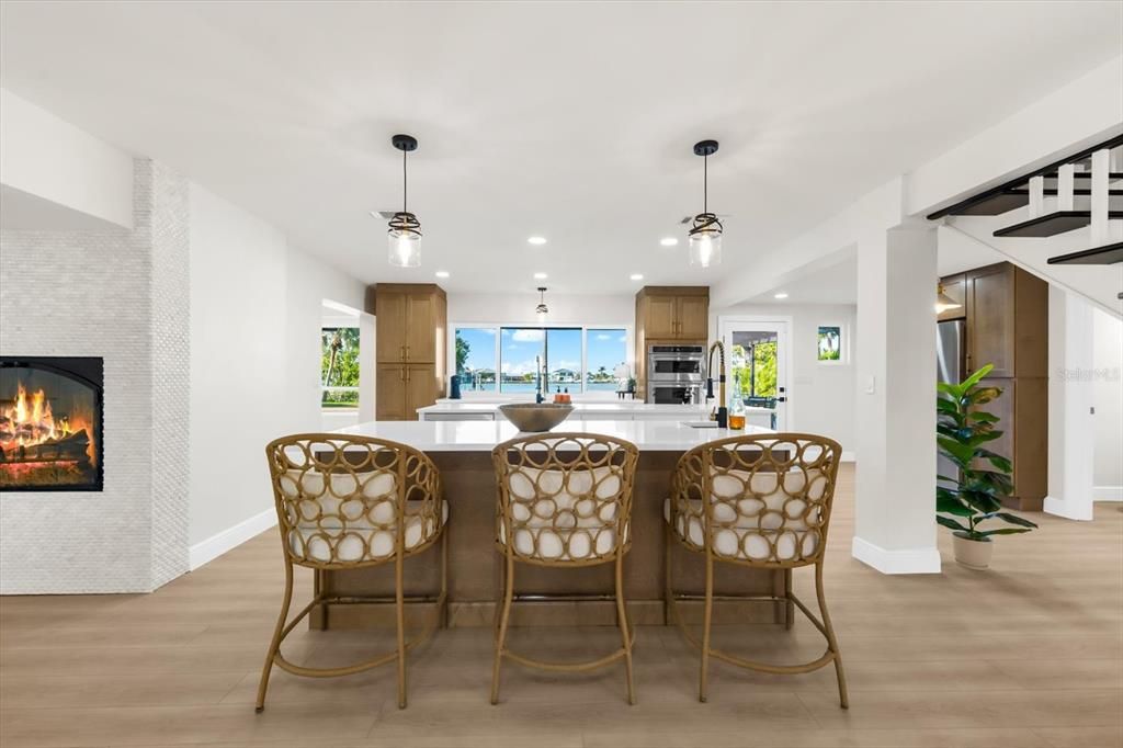 Fireplace, Interior, Kitchen, Pendant Lights, Recessed Lighting, Wood Texture Flooring