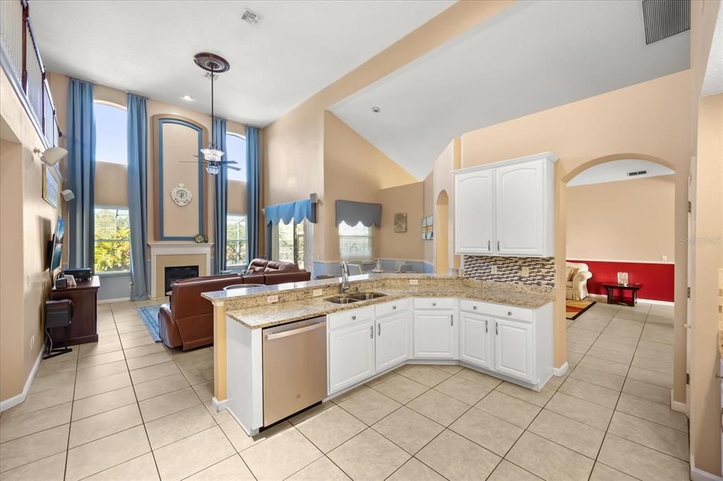 Fireplace, Interior, Kitchen, Living room, Pendant Lights, Recessed Lighting