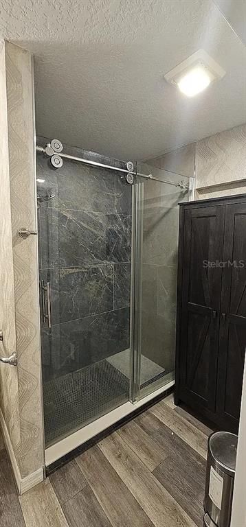 Bathroom, Glass Shower, Interior, Recessed Lighting, Wood Texture Flooring